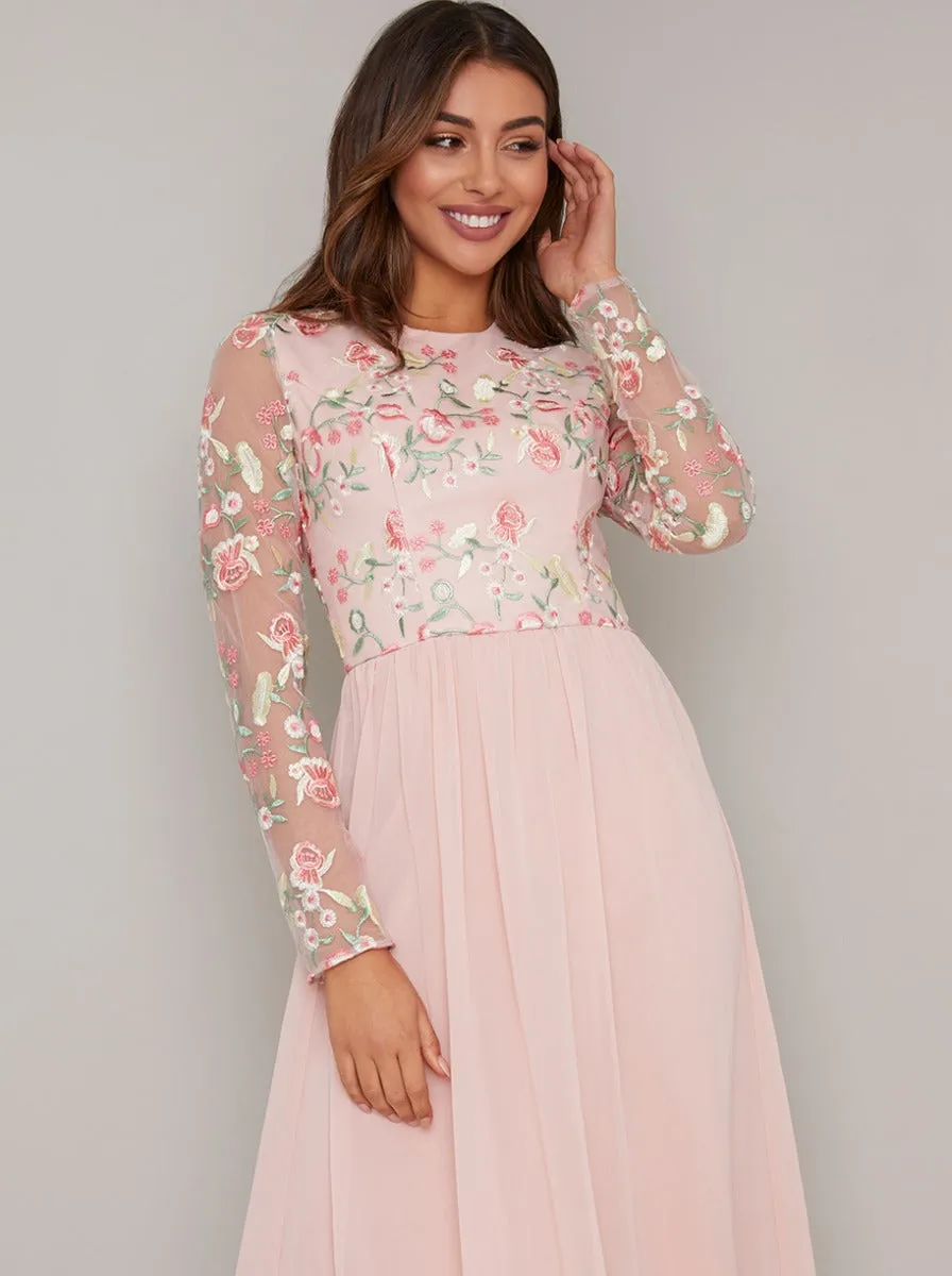 Long Sleeved Floral Lace Midi Dress in Pink sold by Chi Chi London