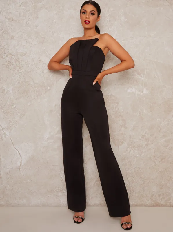 Strapless Pleat Bodice Jumpsuit in Black sold by Chi Chi London