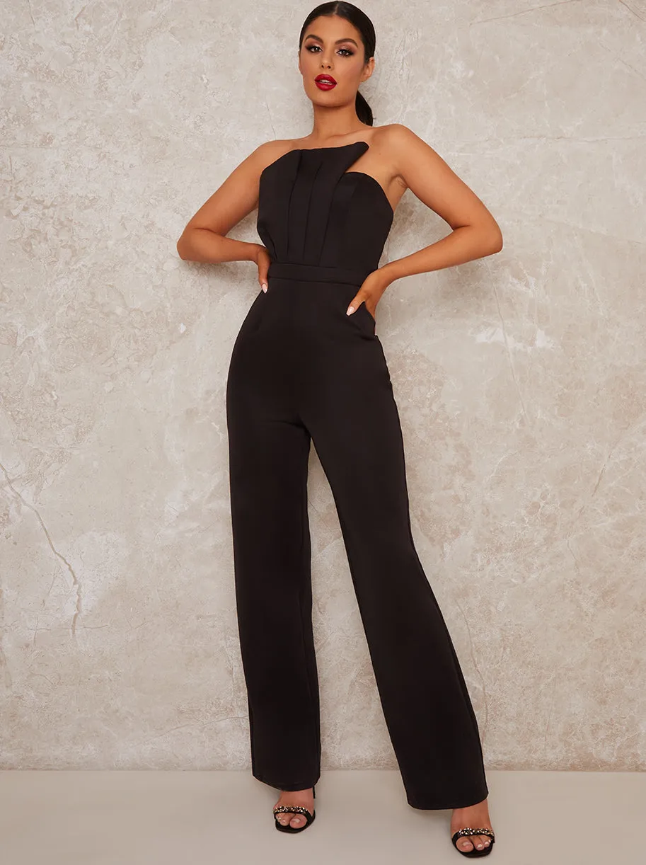 Strapless Pleat Bodice Jumpsuit in Black sold by Chi Chi London