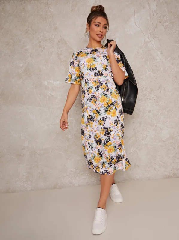Flutter Sleeve Floral Print Midi Day Dress in White sold by Chi Chi London