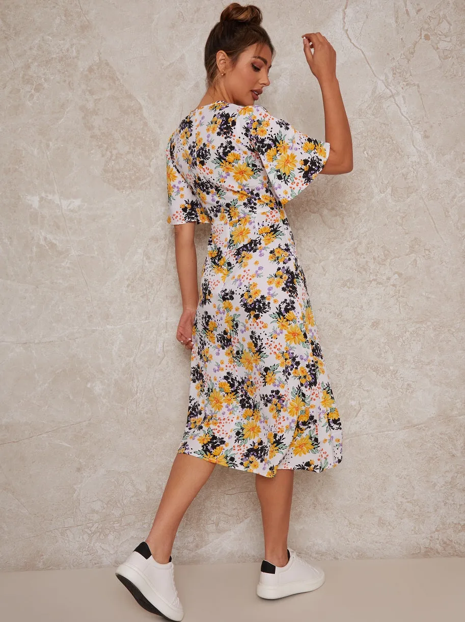 Flutter Sleeve Floral Print Midi Day Dress in White sold by Chi Chi London product image thumbnail 3