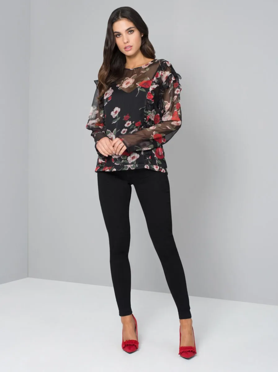 Floral Ruffle Detail Top in Black sold by Chi Chi London