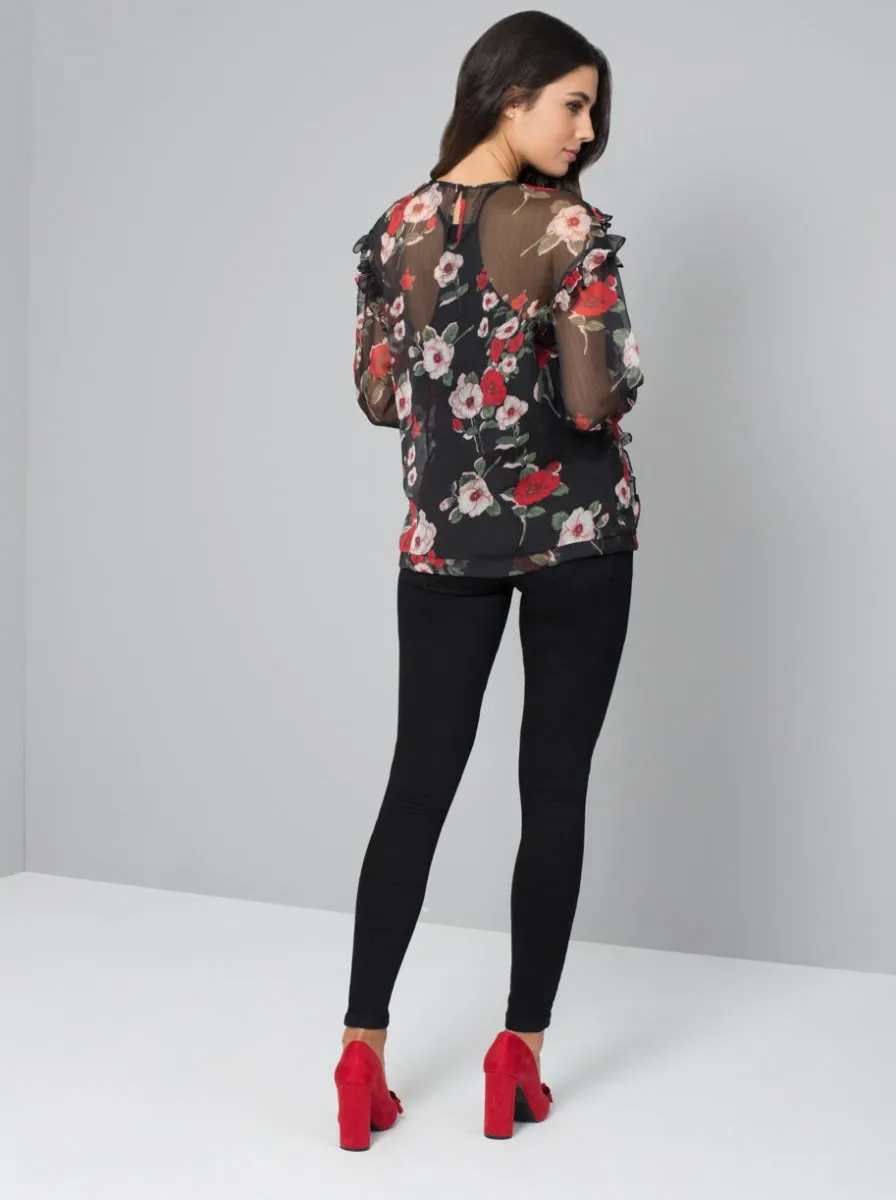 Floral Ruffle Detail Top in Black sold by Chi Chi London product image thumbnail 3