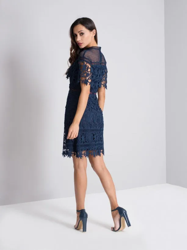 Lace Overlay Short Sleeve Mini Dress in Navy sold by Chi Chi London product image thumbnail 2