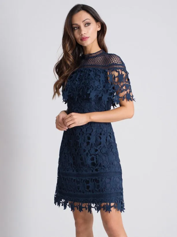 Lace Overlay Short Sleeve Mini Dress in Navy sold by Chi Chi London