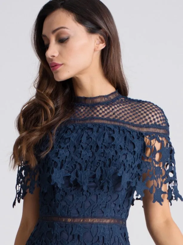 Lace Overlay Short Sleeve Mini Dress in Navy sold by Chi Chi London product image thumbnail 3