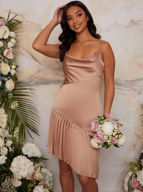 Petite Cowl Neck Satin Pleated Midi Dress in Champagne sold by Chi Chi London