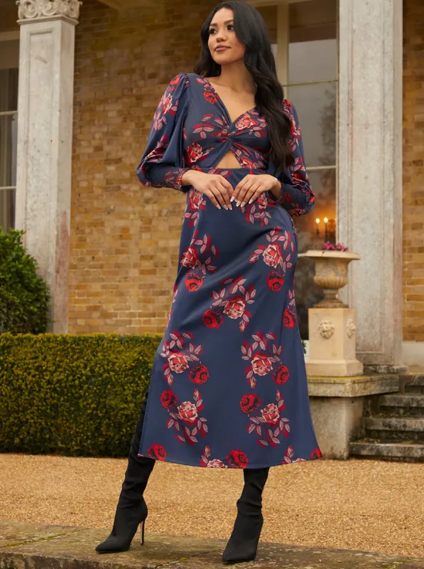 Twist Bodice Floral Maxi Dress in Navy sold by Chi Chi London