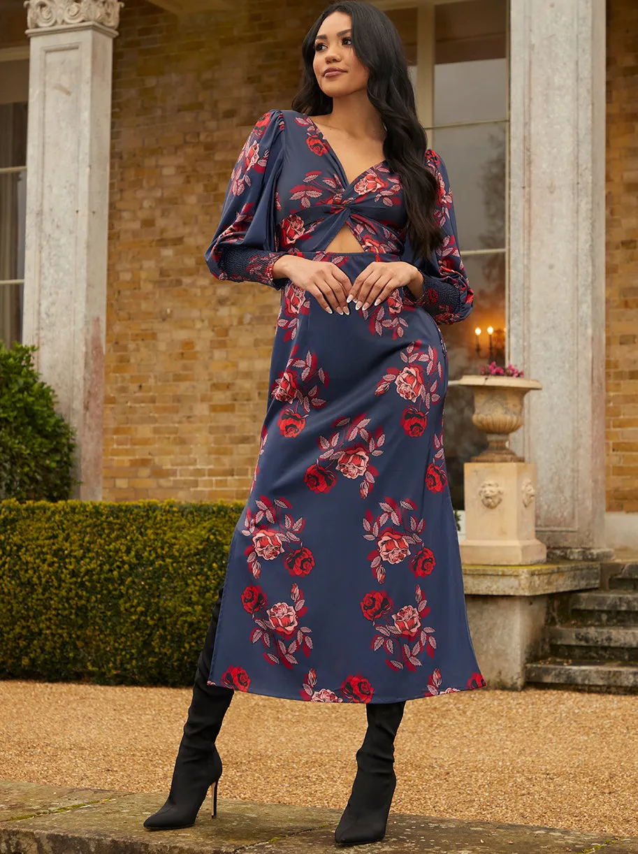 Twist Bodice Floral Maxi Dress in Navy sold by Chi Chi London