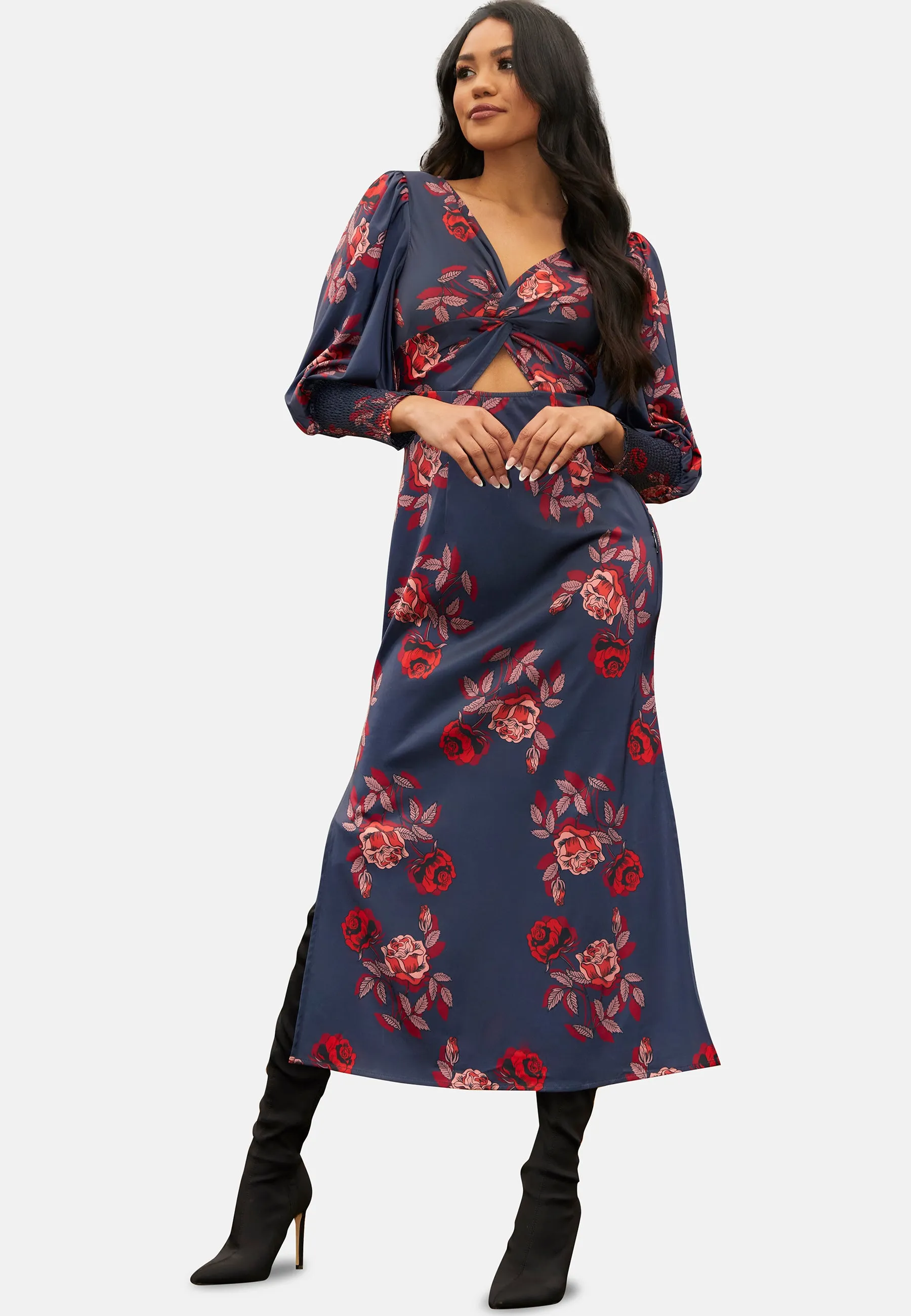 Twist Bodice Floral Maxi Dress in Navy sold by Chi Chi London product image thumbnail 5