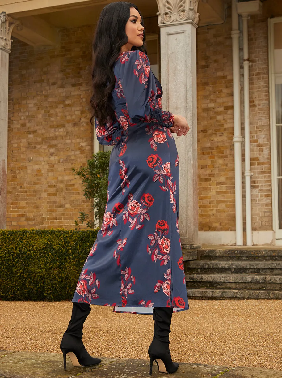 Twist Bodice Floral Maxi Dress in Navy sold by Chi Chi London product image thumbnail 3