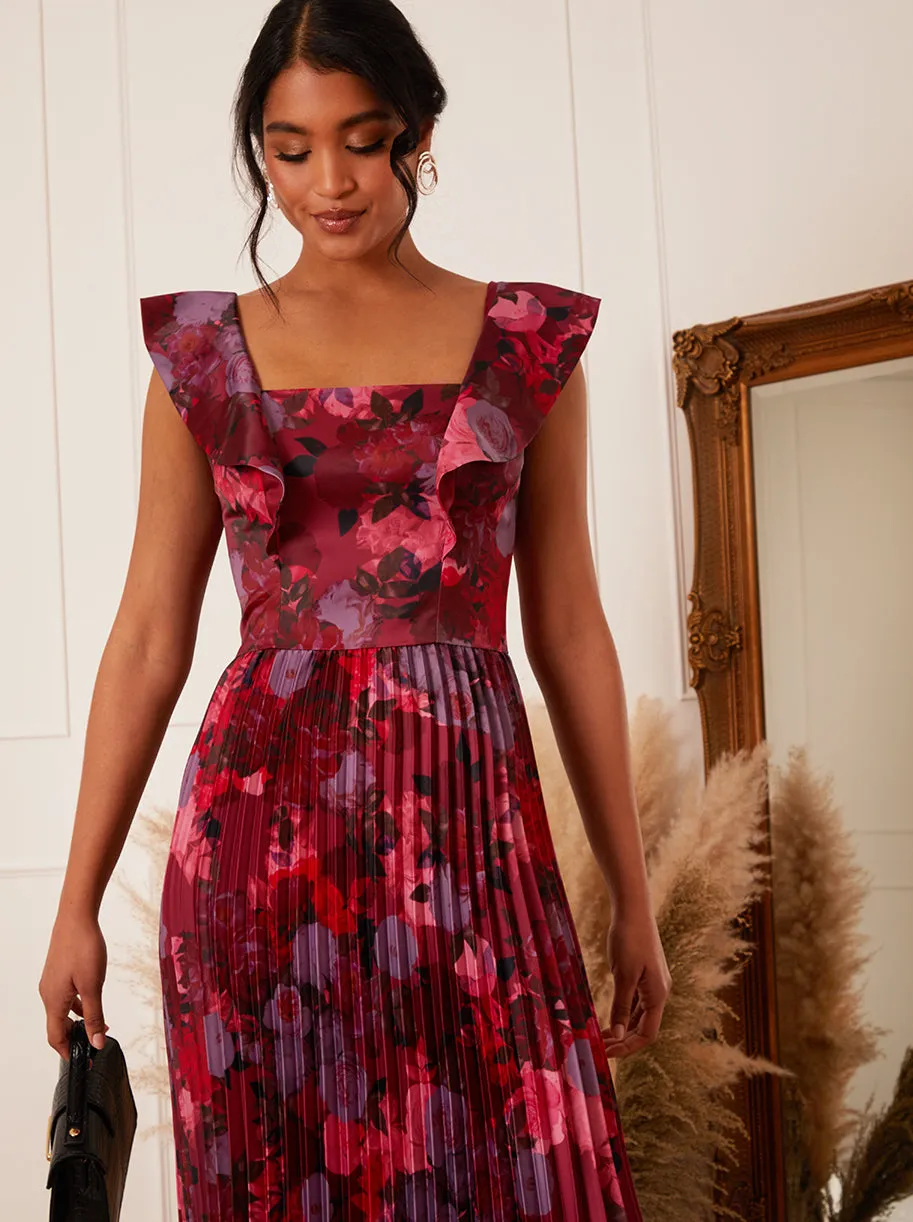 Floral Print Ruffle Pleated Midi Dress in Burgundy sold by Chi Chi London product image thumbnail 4