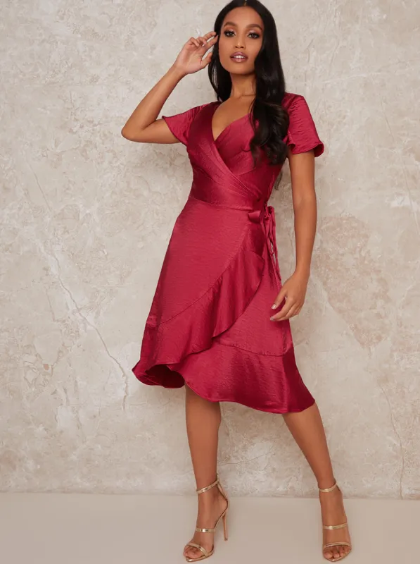 Petite Wrap Ruffle Midi Dress in Red sold by Chi Chi London