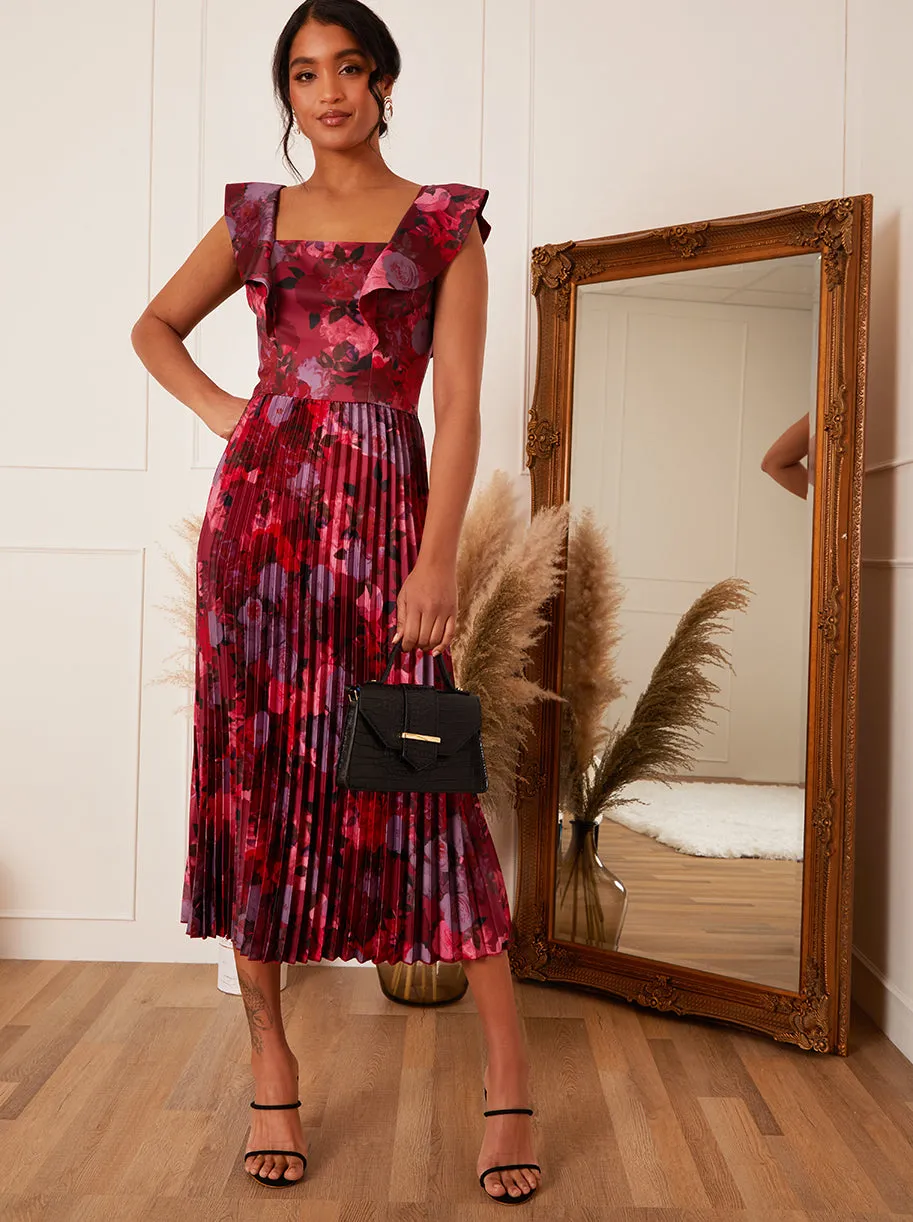 Floral Print Ruffle Pleated Midi Dress in Burgundy sold by Chi Chi London
