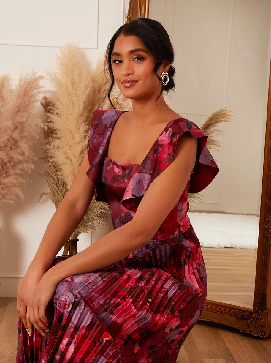 Floral Print Ruffle Pleated Midi Dress in Burgundy sold by Chi Chi London product image thumbnail 3