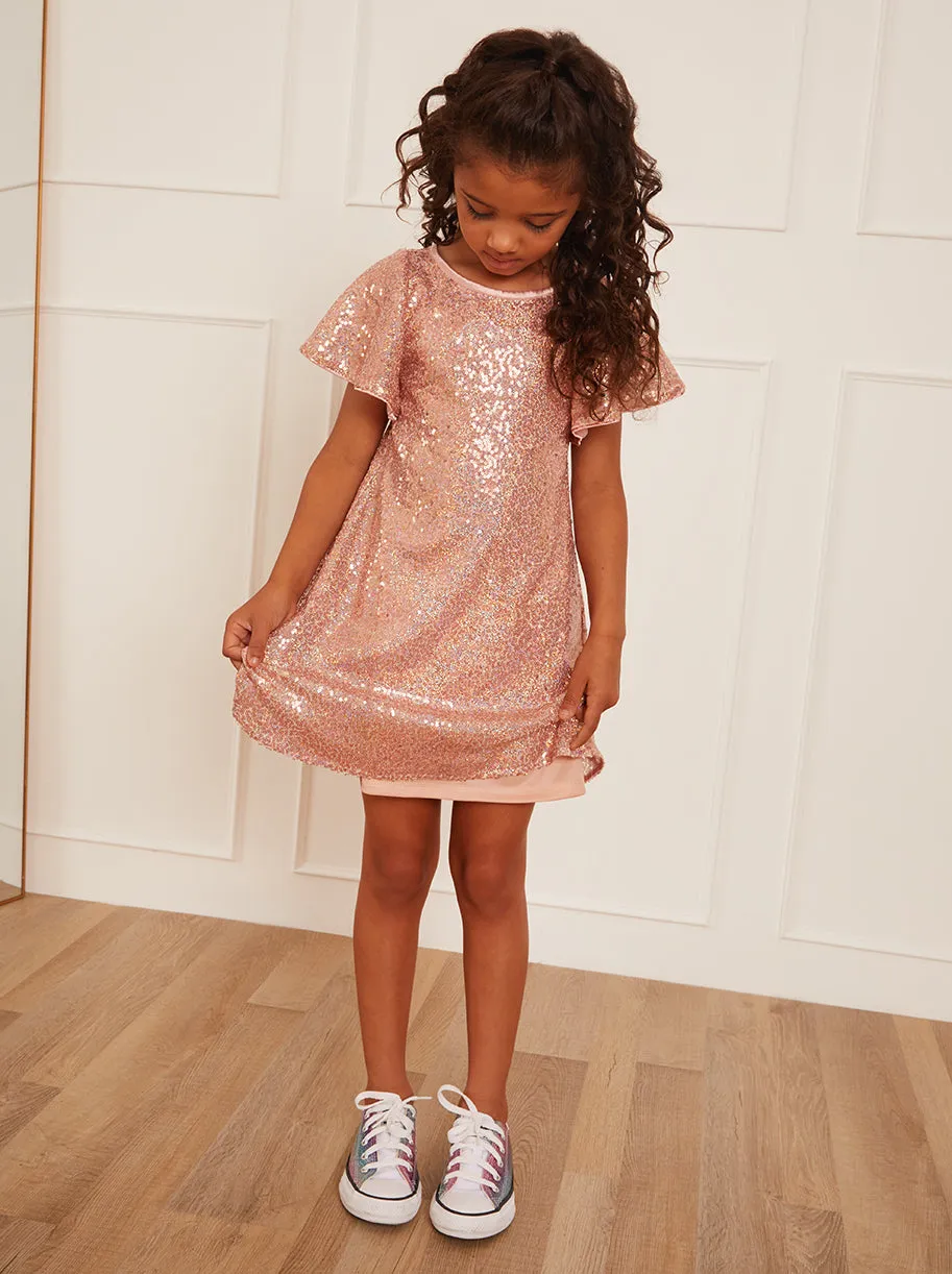 Younger Girls Short Sleeve Sequin Midi Dress in Pink sold by Chi Chi London product image thumbnail 4