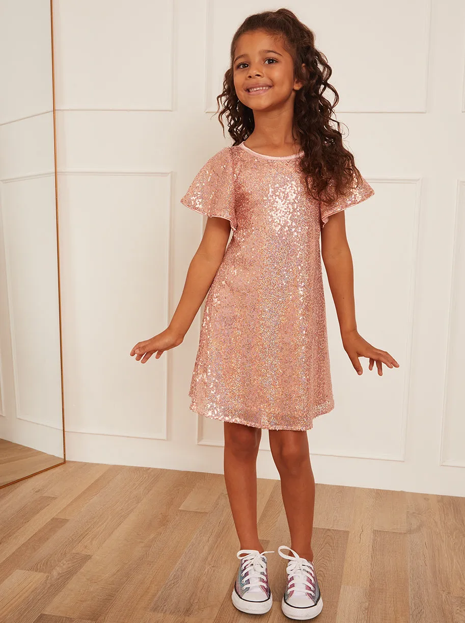 Younger Girls Short Sleeve Sequin Midi Dress in Pink sold by Chi Chi London