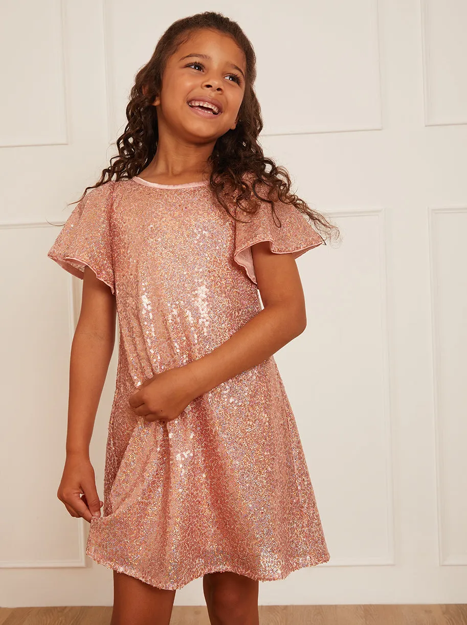Younger Girls Short Sleeve Sequin Midi Dress in Pink sold by Chi Chi London product image thumbnail 2
