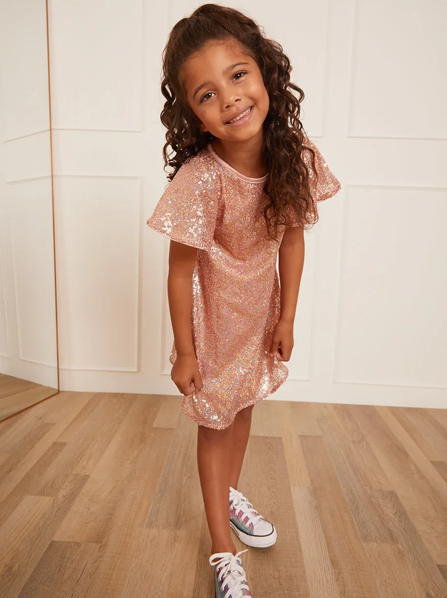 Younger Girls Short Sleeve Sequin Midi Dress in Pink sold by Chi Chi London product image thumbnail 3