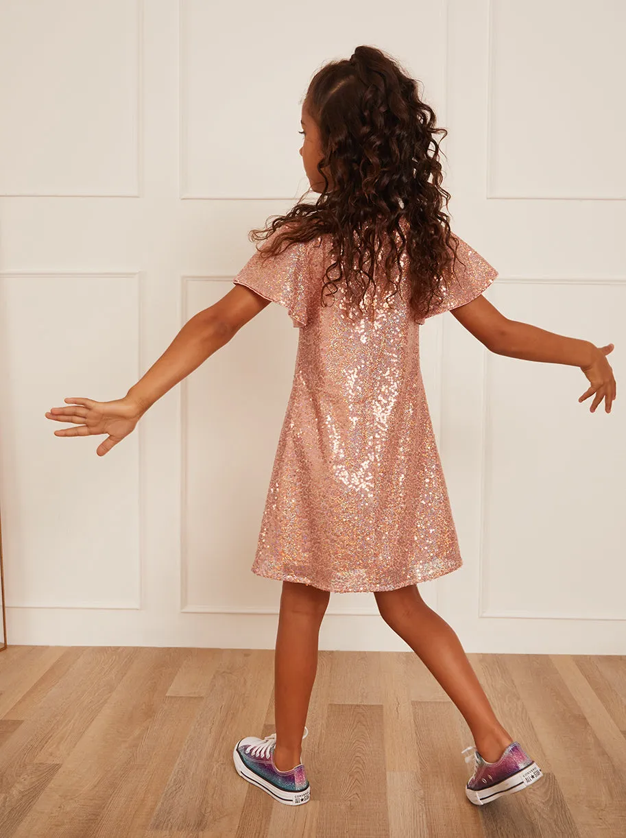 Younger Girls Short Sleeve Sequin Midi Dress in Pink sold by Chi Chi London product image thumbnail 5