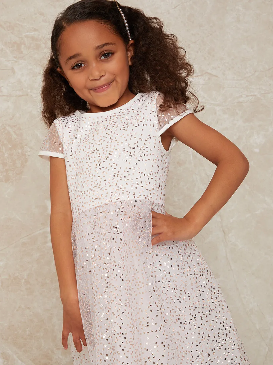 Girls Short Sleeve Sequin Midi Dress in White sold by Chi Chi London product image thumbnail 2