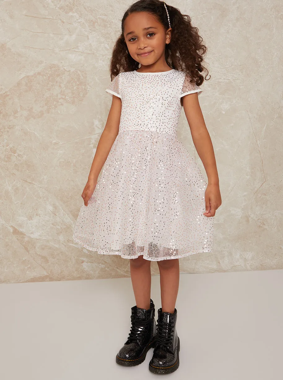 Girls Short Sleeve Sequin Midi Dress in White sold by Chi Chi London