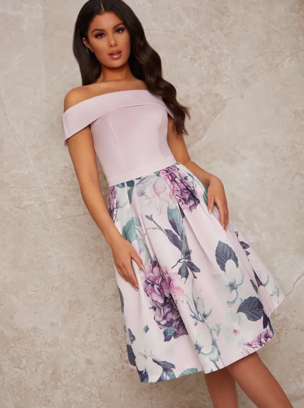 Bardot Floral Print Midi Dress in Purple sold by Chi Chi London