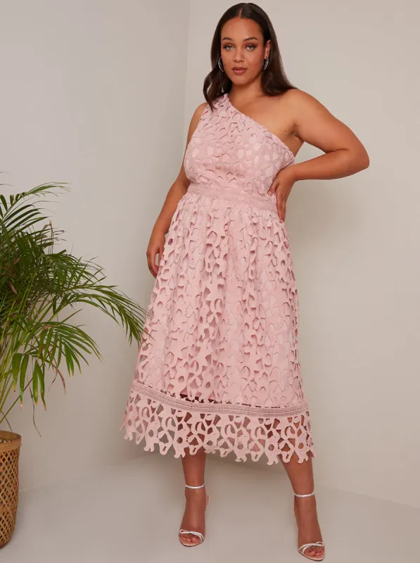 Plus Size One Shoulder Premium Lace Midi Dress in Blush sold by Chi Chi London