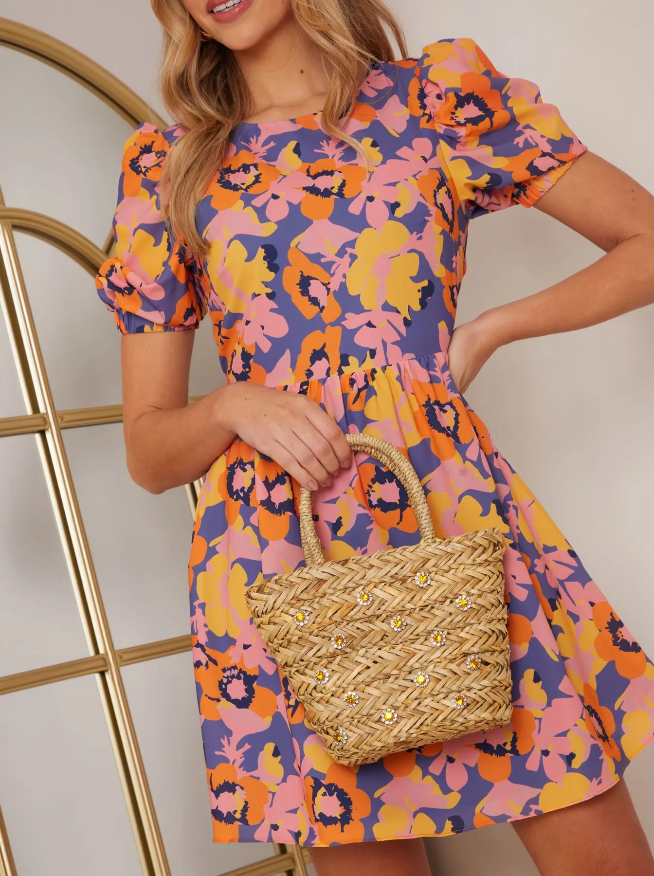 Puff Sleeve Floral Abstract Print Mini Dress in Blue sold by Chi Chi London product image thumbnail 4