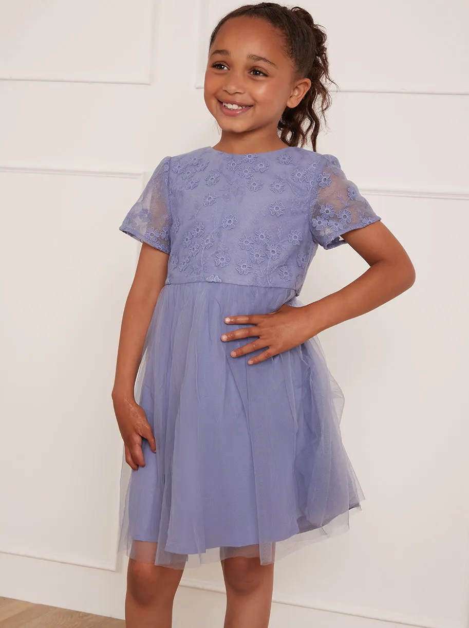 Younger Girls Floral Embroidered Midi Dress in Blue sold by Chi Chi London