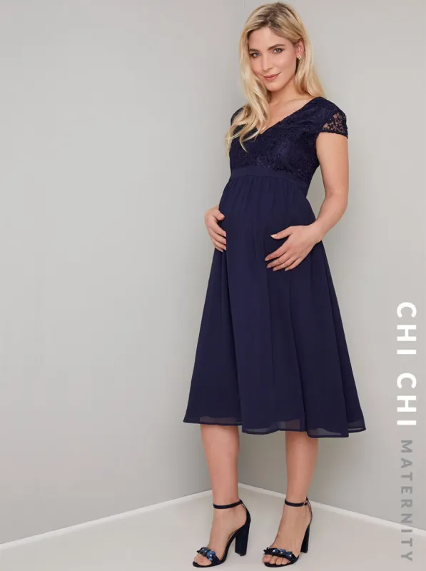 Maternity Cap Sleeved Crochet Midi Dress in Blue sold by Chi Chi London
