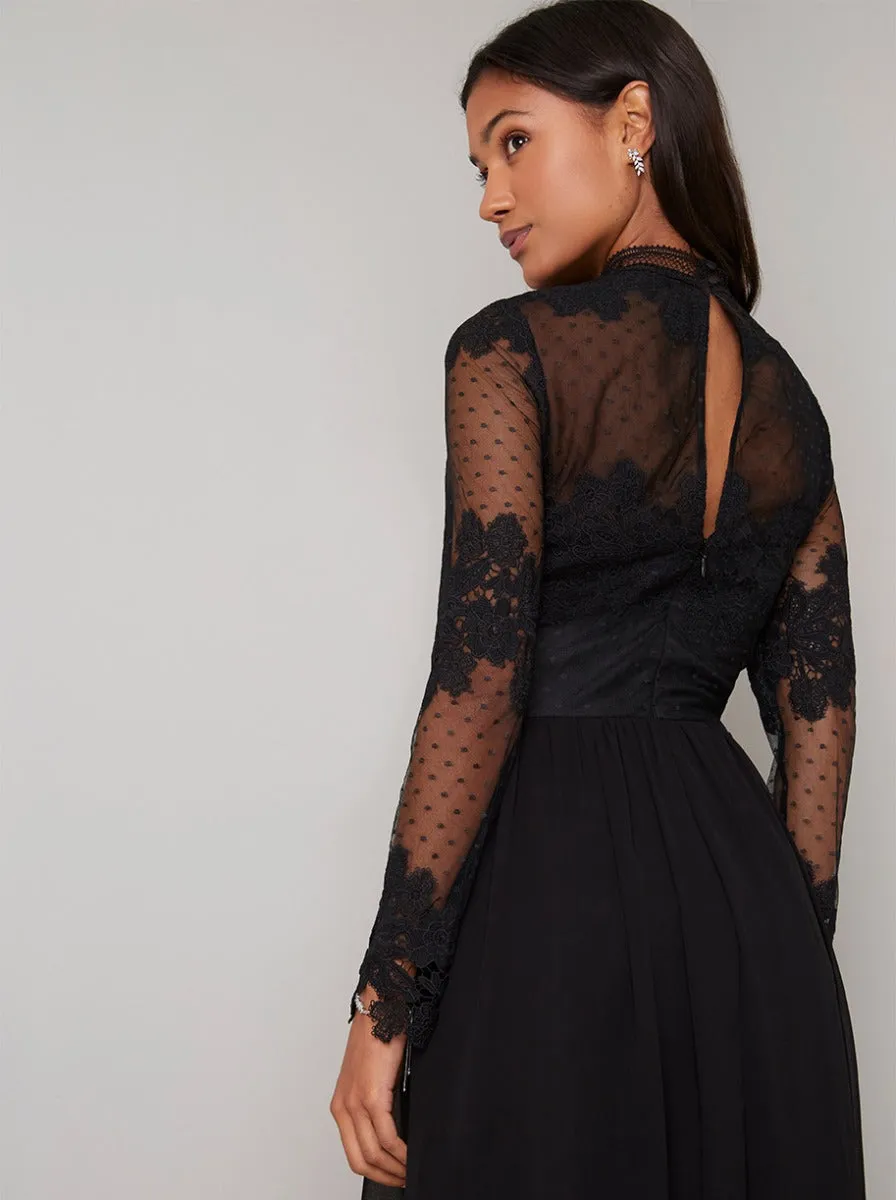 Lace Bodice Sheer Sleeved Midi Dress in Black sold by Chi Chi London product image thumbnail 4