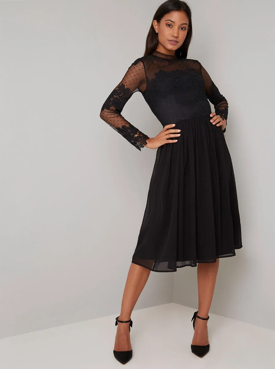 Lace Bodice Sheer Sleeved Midi Dress in Black sold by Chi Chi London