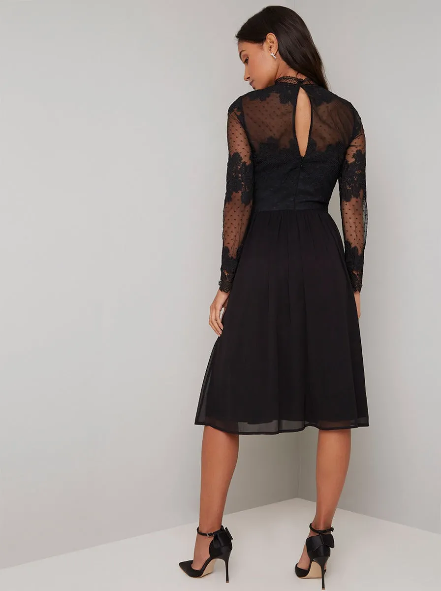 Lace Bodice Sheer Sleeved Midi Dress in Black sold by Chi Chi London product image thumbnail 3
