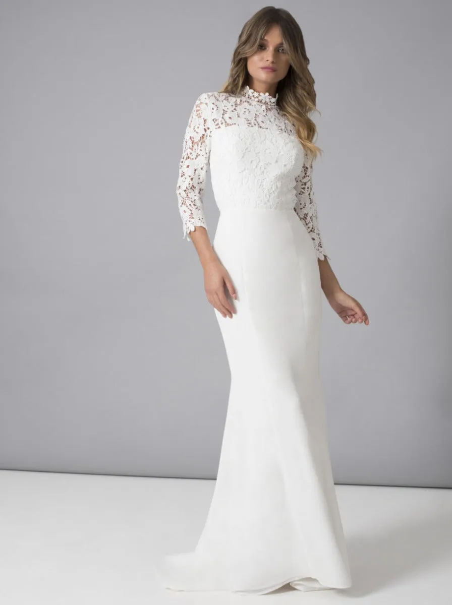 Bridal Sheer Lace Wedding Dress in White sold by Chi Chi London