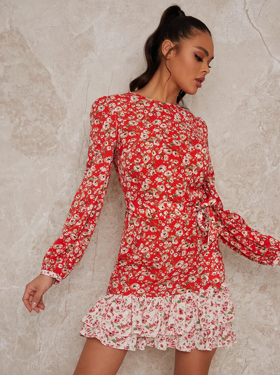 Long Sleeve Floral Mini Dress with High Neckline in Red sold by Chi Chi London product image thumbnail 2