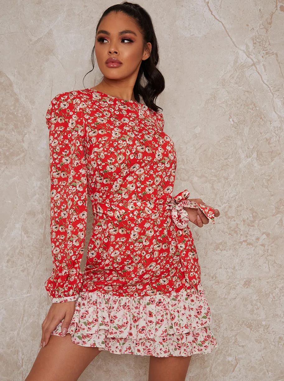 Long Sleeve Floral Mini Dress with High Neckline in Red sold by Chi Chi London product image thumbnail 3