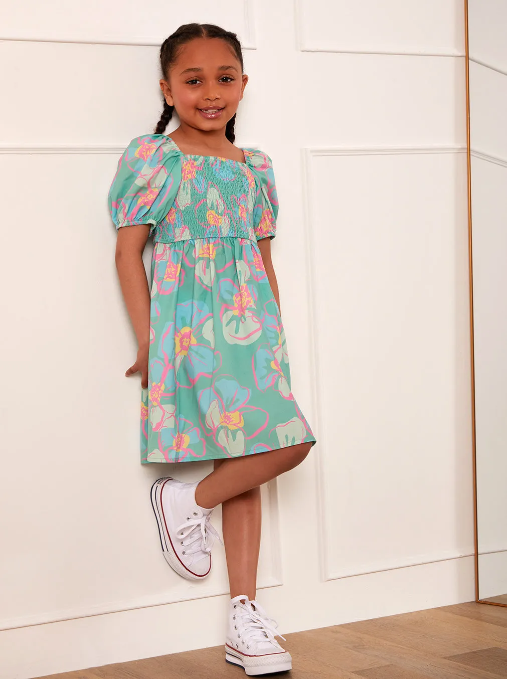 Younger Girls Puff Sleeve Shirred Floral Midi Dress in Green sold by Chi Chi London product image thumbnail 5