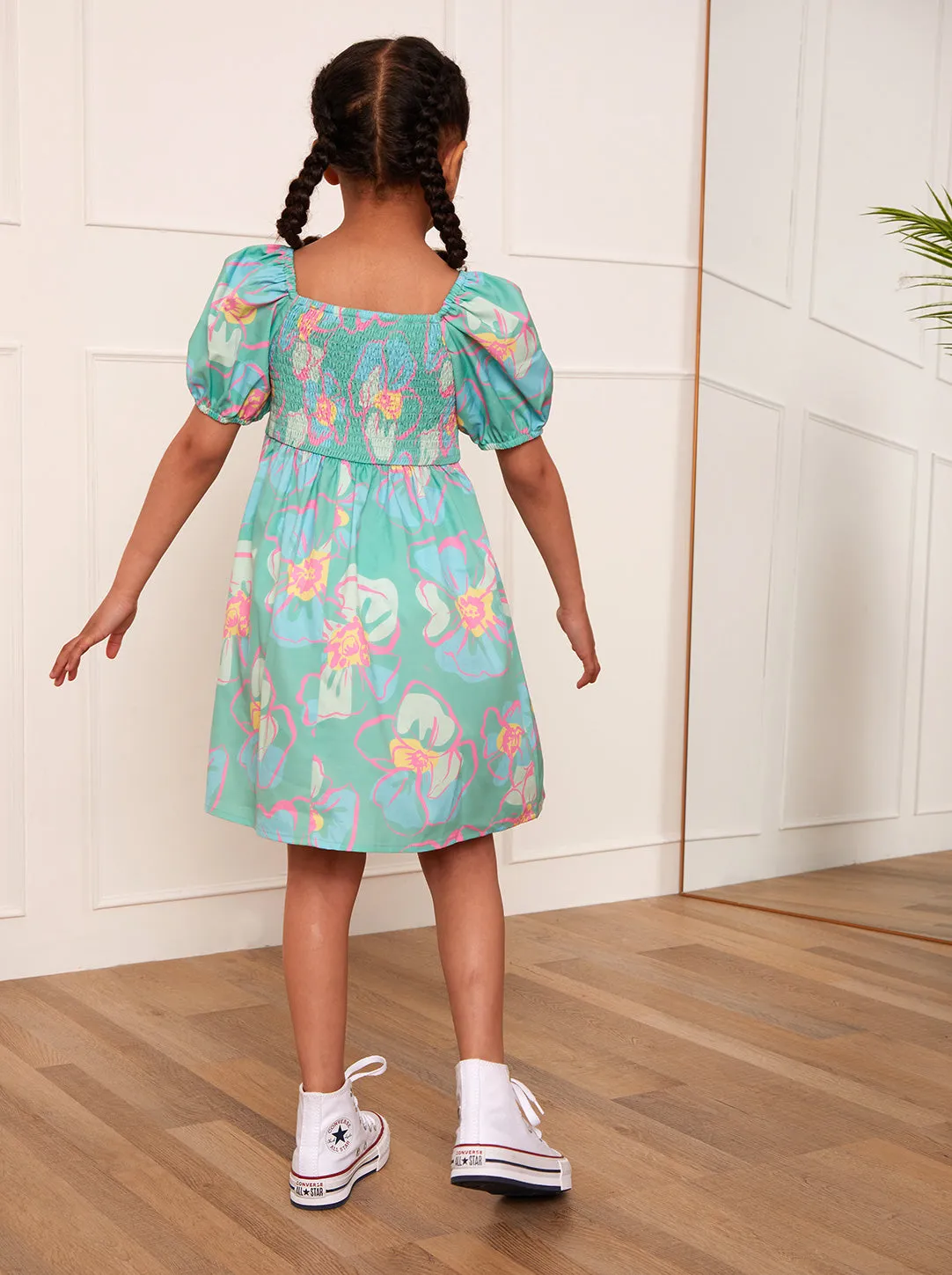 Younger Girls Puff Sleeve Shirred Floral Midi Dress in Green sold by Chi Chi London product image thumbnail 4
