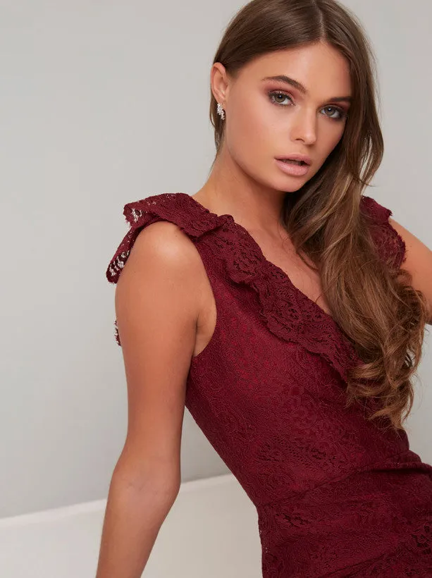 Lace Overlay Ruffle Hem Midi Dress In Burgundy sold by Chi Chi London product image thumbnail 5