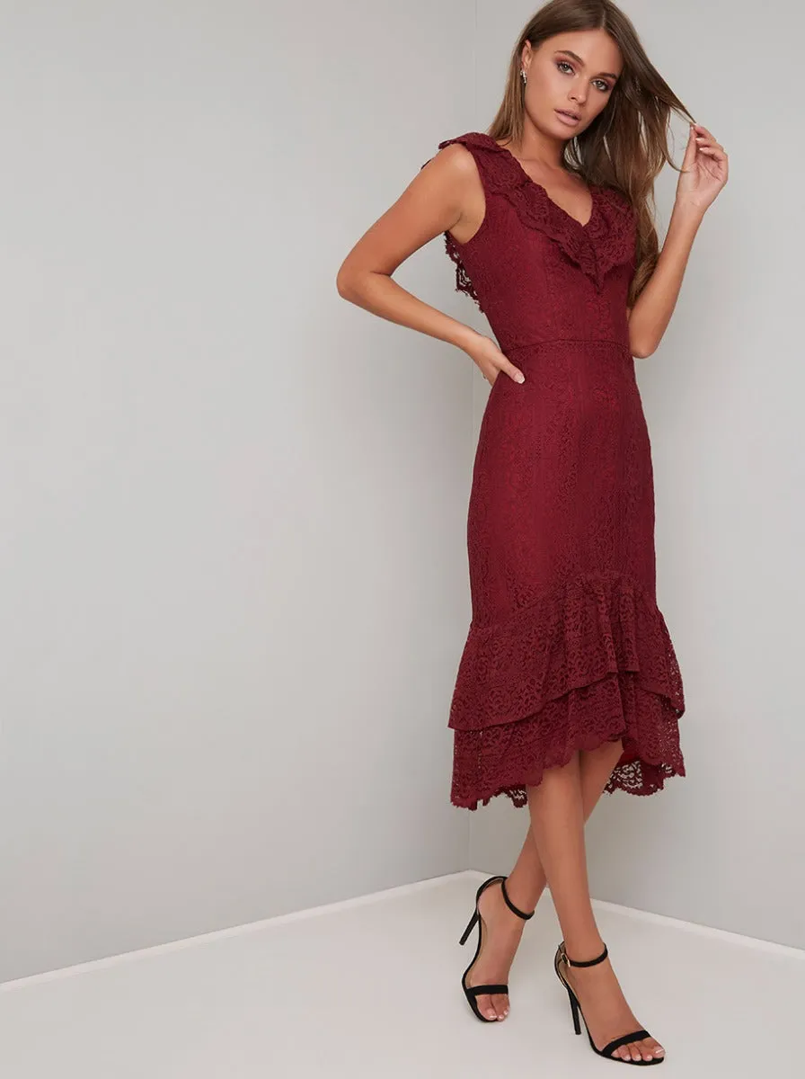 Lace Overlay Ruffle Hem Midi Dress In Burgundy sold by Chi Chi London product image thumbnail 2