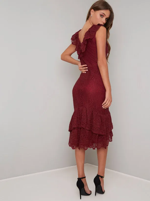 Lace Overlay Ruffle Hem Midi Dress In Burgundy sold by Chi Chi London product image thumbnail 3