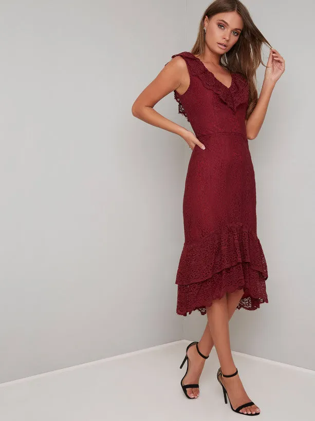 Lace Overlay Ruffle Hem Midi Dress In Burgundy sold by Chi Chi London