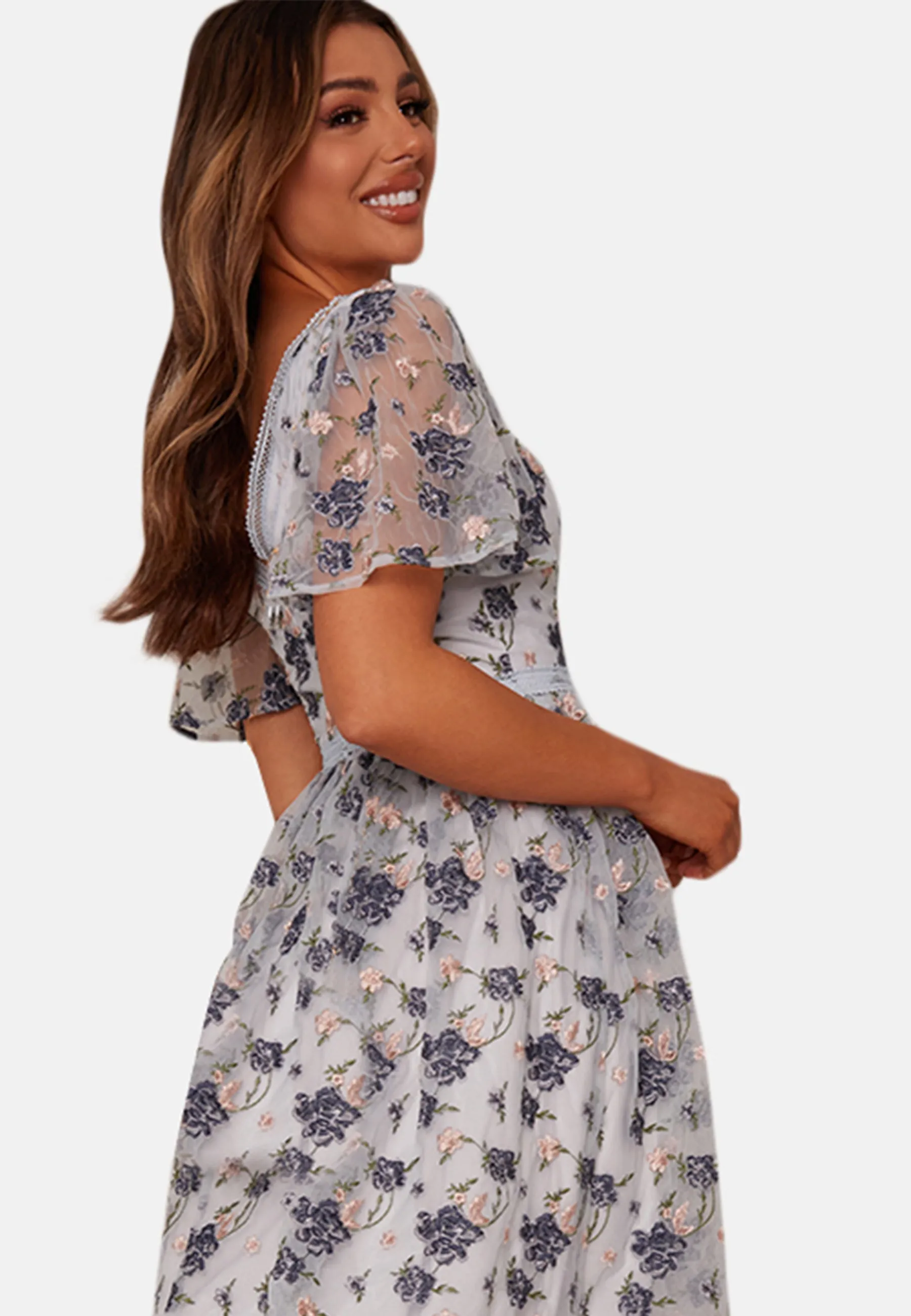 V Neck Floral Embroidered Lace Midi Dress in Blue sold by Chi Chi London product image thumbnail 5