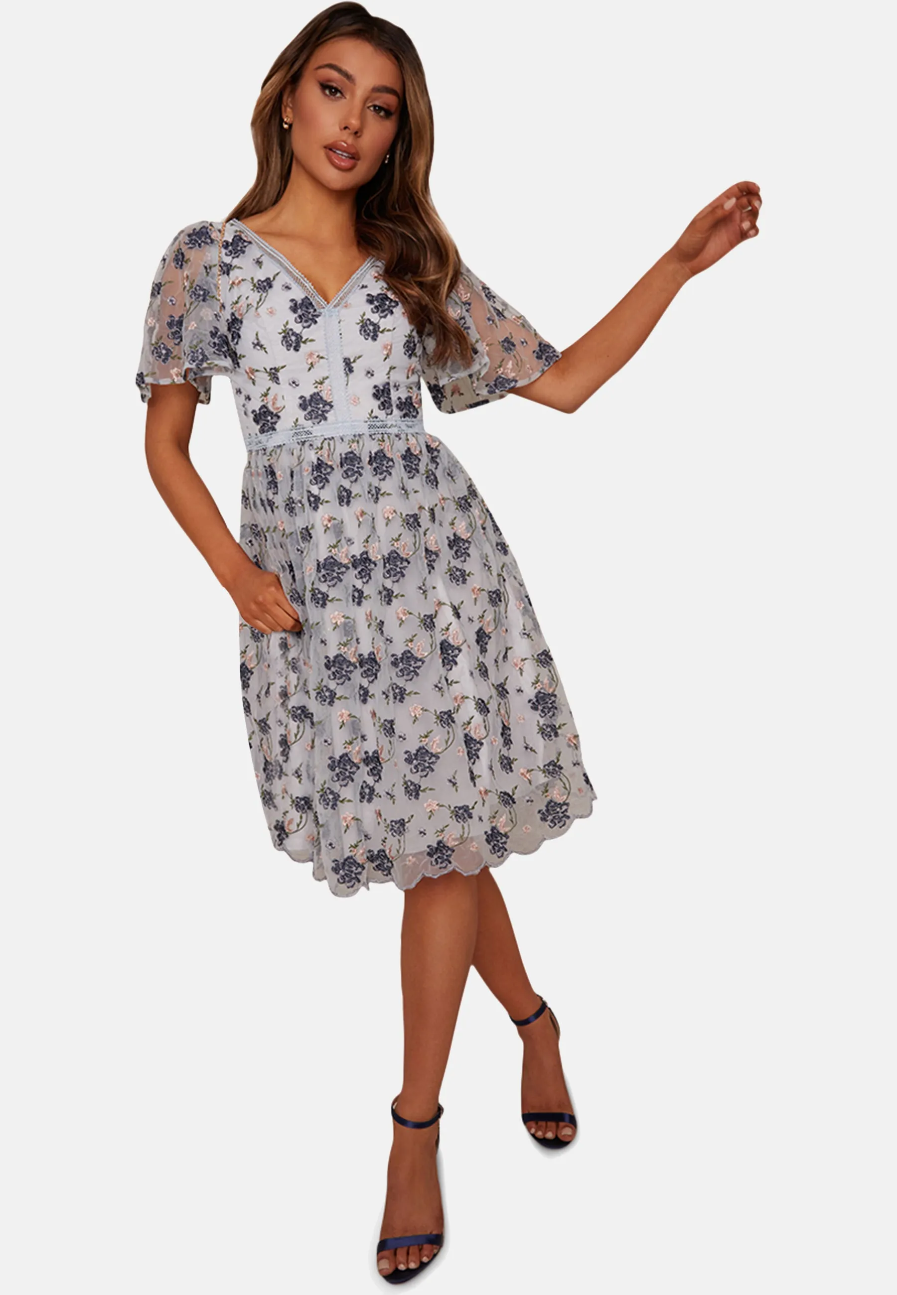 V Neck Floral Embroidered Lace Midi Dress in Blue sold by Chi Chi London product image thumbnail 4
