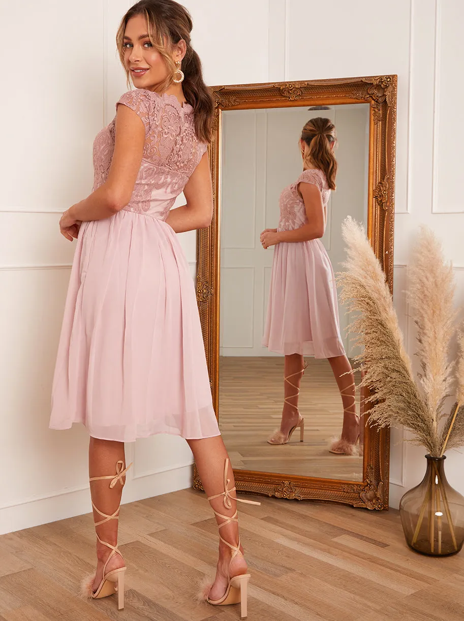 Cap Sleeve Lace Skater Midi Dress in Pink sold by Chi Chi London product image thumbnail 3