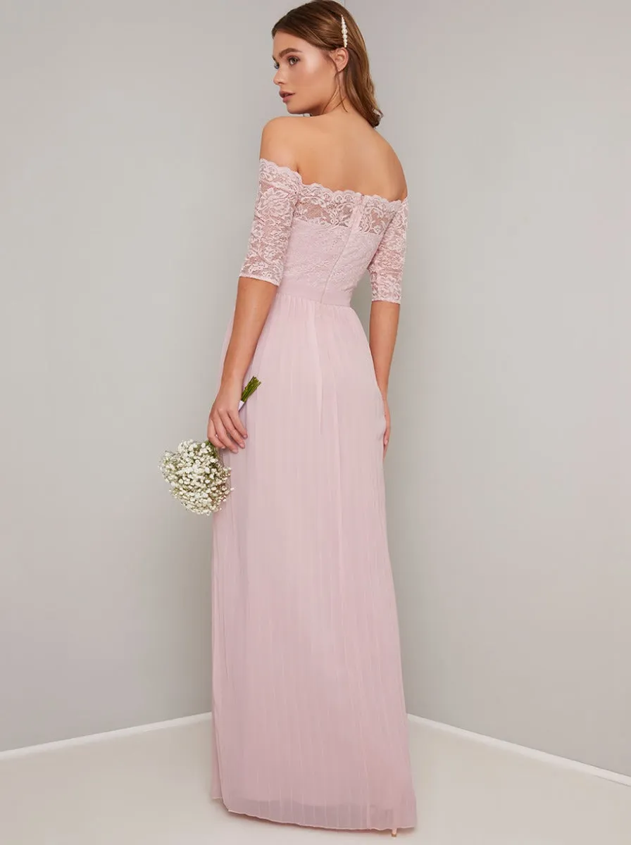 Lace Bardot Maxi Bridesmaid Dress in Pink sold by Chi Chi London product image thumbnail 3