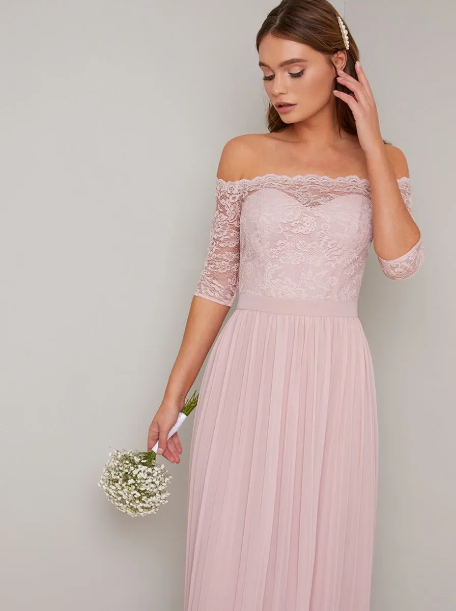 Lace Bardot Maxi Bridesmaid Dress in Pink sold by Chi Chi London product image thumbnail 4