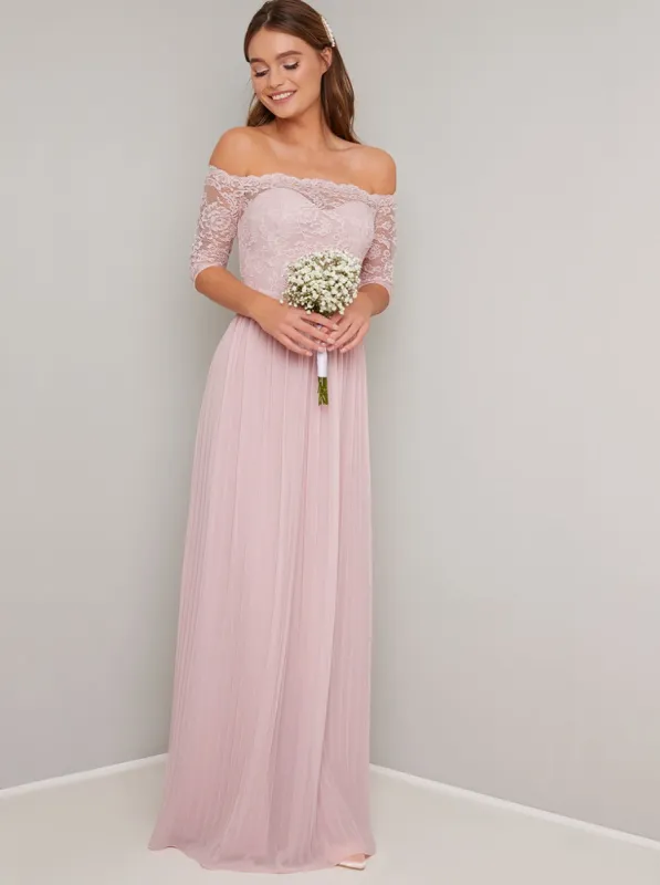 Lace Bardot Maxi Bridesmaid Dress in Pink sold by Chi Chi London