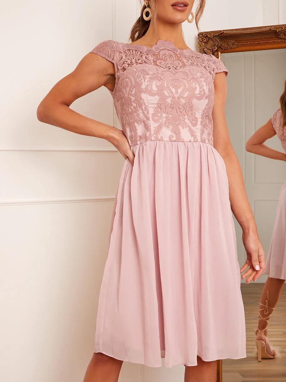 Cap Sleeve Lace Skater Midi Dress in Pink sold by Chi Chi London product image thumbnail 4